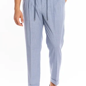 Pantalaccio da uomo celeste fantasia pied de poule doppia pinces in misto fresco lana tasca america risvolto 5cm con laccio regolabile