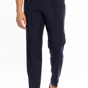 Pantalaccio da uomo blu scuro doppia pinces in misto fresco lana tasca america risvolto 5cm con laccio regolabile