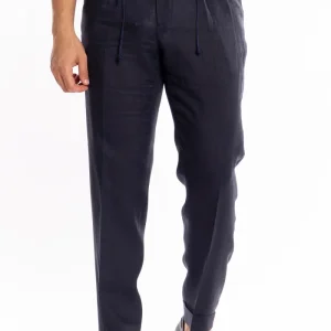 Pantalaccio da uomo Blu notte in lino 100% doppia pinces in misto fresco lana tasca america risvolto 5cm con laccio regolabile