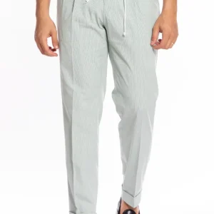 Pantalaccio da uomo verde rigato in cotone 100% doppia pinces tasca america risvolto 5cm con laccio regolabile Bristol Tessuti Napoli