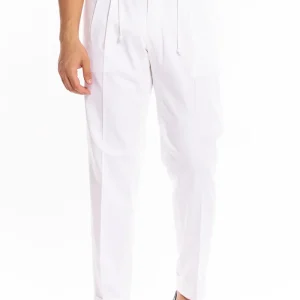 Pantalaccio da uomo Bianco in cotone leggermente elastico doppia pinces tasca america risvolto 5cm con laccio regolabile