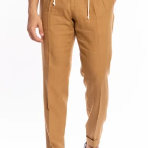 Pantalaccio da uomo cammello in lino 100% doppia pinces in misto fresco lana tasca america risvolto 5cm con laccio regolabile