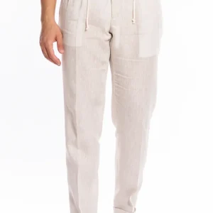 Pantalaccio da uomo beige in lino 100% doppia pinces in misto fresco lana tasca america risvolto 5cm con laccio regolabile