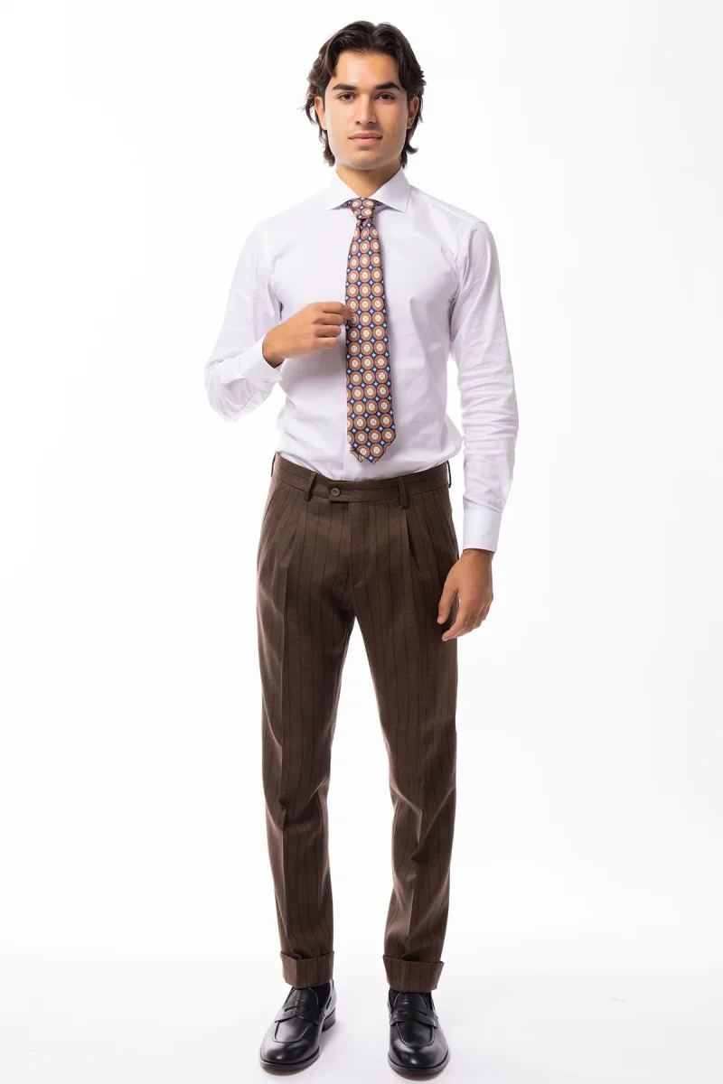 Pantalone uomo marrone gessato vita alta in lana Holland & Sherry doppia pinces risvolto 5cm - immagine 3