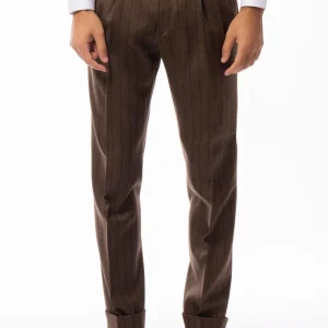 Pantalone uomo marrone gessato vita alta in lana Holland & Sherry doppia pinces risvolto 5cm