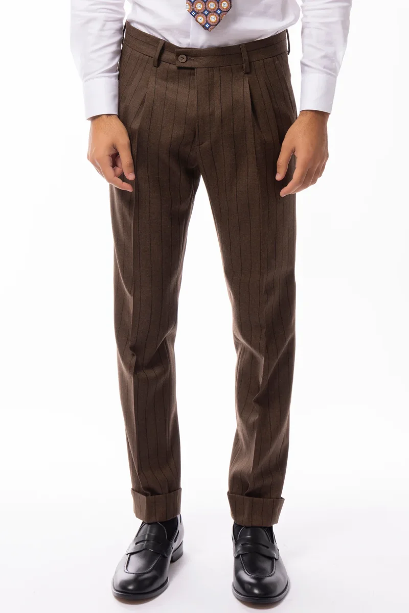 Pantalone uomo marrone gessato vita alta in lana Holland & Sherry doppia pinces risvolto 5cm