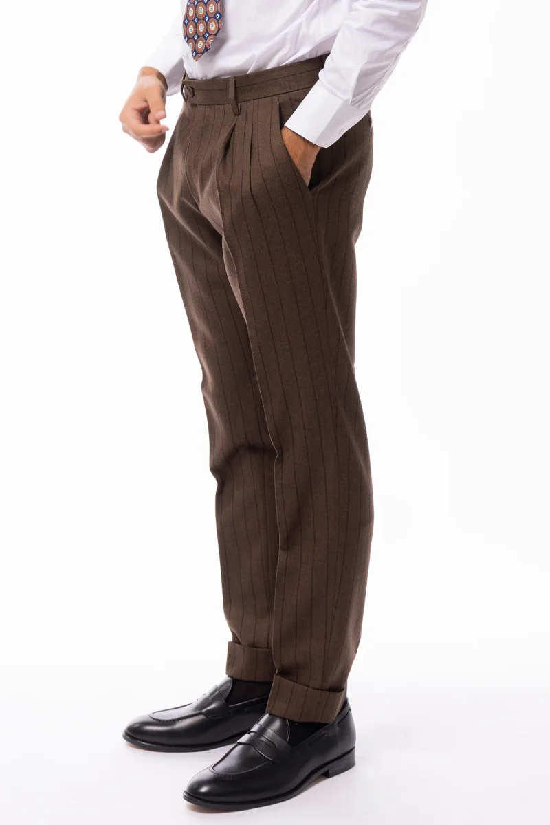 Pantalone uomo marrone gessato vita alta in lana Holland & Sherry doppia pinces risvolto 5cm - immagine 4
