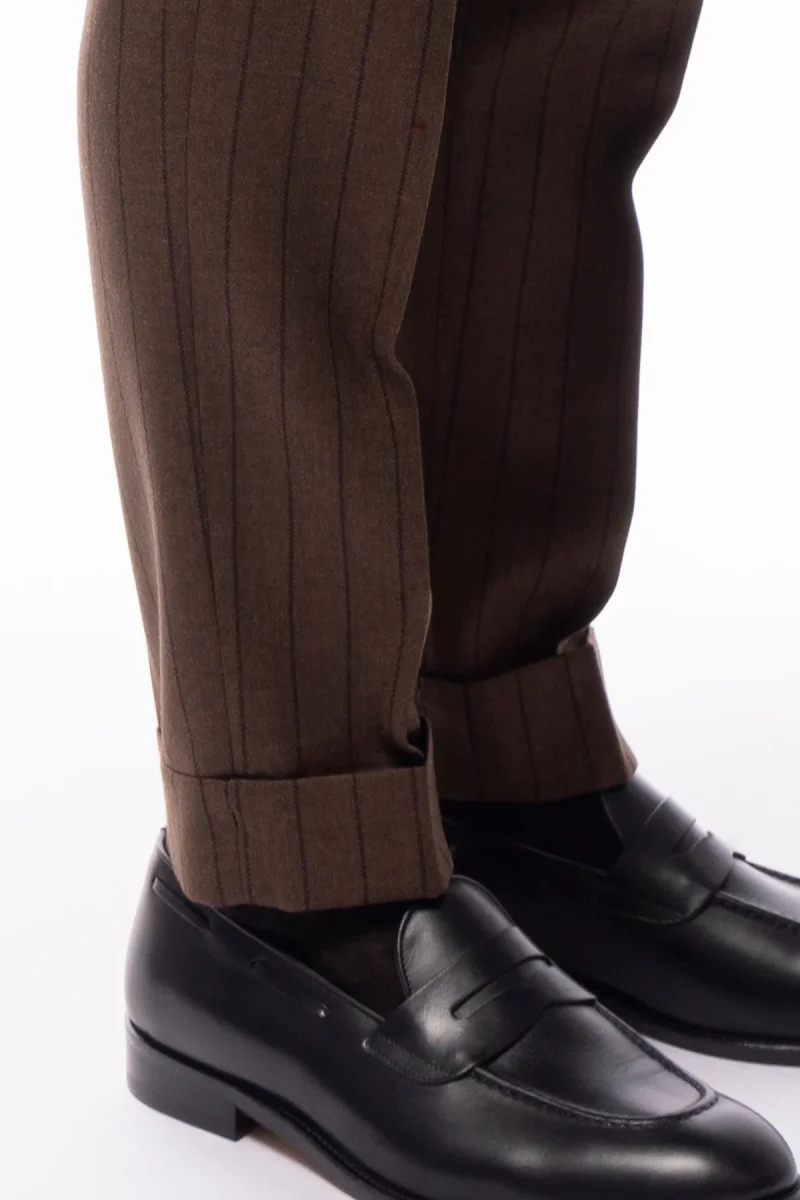 Pantalone uomo marrone gessato vita alta in lana Holland & Sherry doppia pinces risvolto 5cm - immagine 6