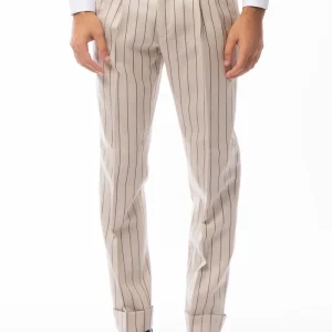 Pantalone uomo beige gessato nero vita alta in lana Holland & Sherry doppia pinces risvolto 5cm