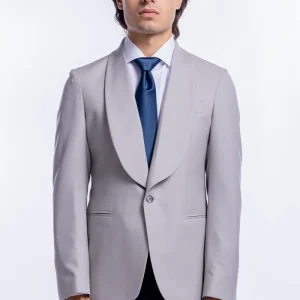 Giacca smoking da uomo grigio chiaro monopetto in fresco lana super 140’s Holland & Sherry con rever a scialle largo