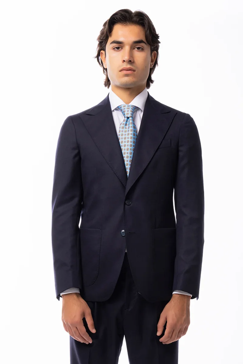 Abito uomo monopetto blu in lana Flanella Vitale Barberis Canonico slim fit rever a lancia largo Tasche a Toppe - immagine 3