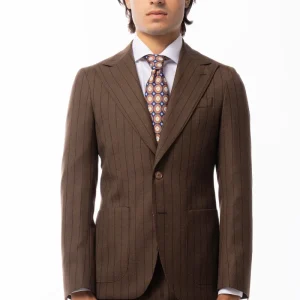 Abito uomo monopetto marrone gessata in lana Flanella Holland & Sherry slim fit rever a lancia largo.