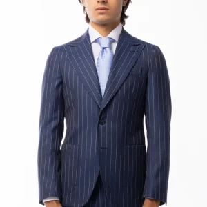 Giacca uomo monopetto blu gessata in lana Flanella Holland & Sherry slim fit rever a lancia largo