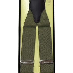 Bretelle da uomo verde militare tinta unita Elasticizzate 3,5 cm regolabili con chiusura pinze argento