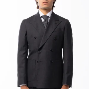 Giacca uomo Doppiopetto Grigio scuro in lana Flanella Vitale Barberis Canonico slim fit rever largo sartoriale