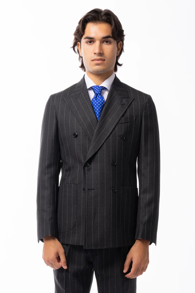 Abito uomo Doppiopetto Grigia gessata bianca in lana Flanella al 100% Vitale Barberis Canonico slim fit rever largo sartoriale - immagine 2