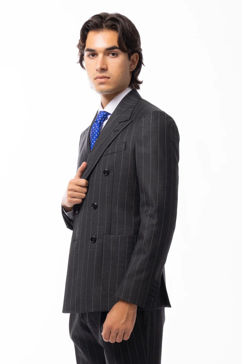 Abito uomo Doppiopetto Grigia gessata bianca in lana Flanella al 100% Vitale Barberis Canonico slim fit rever largo sartoriale - immagine 4