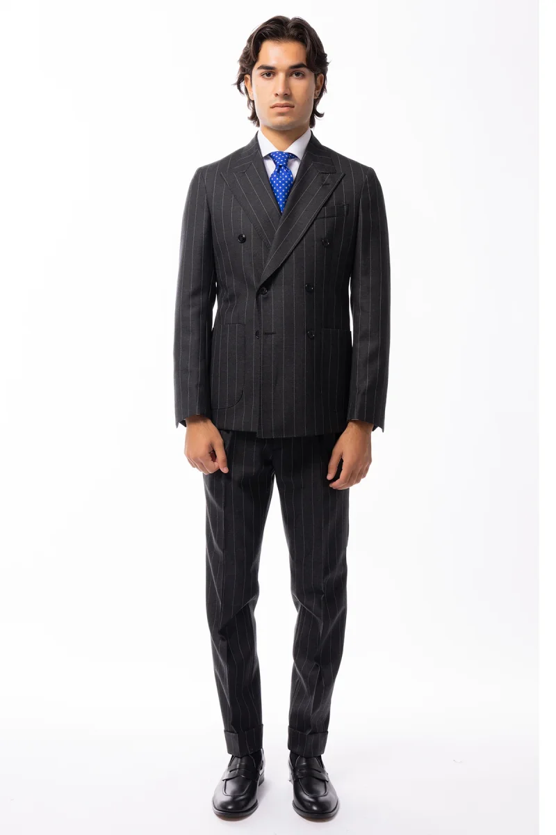 Abito uomo Doppiopetto Grigia gessata bianca in lana Flanella al 100% Vitale Barberis Canonico slim fit rever largo sartoriale - immagine 3
