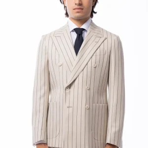 Abito uomo Doppiopetto beige gessata nera in in lana flanella Holland & Sherry slim fit rever largo