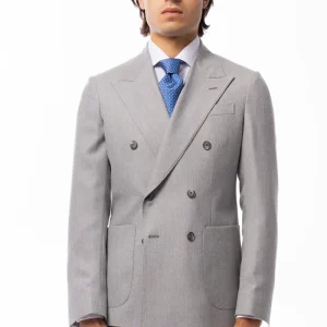 Giacca uomo doppiopetto grigio chiaro spigata in pura lana Holland & Sherry Rever a lancia e tasche a toppe