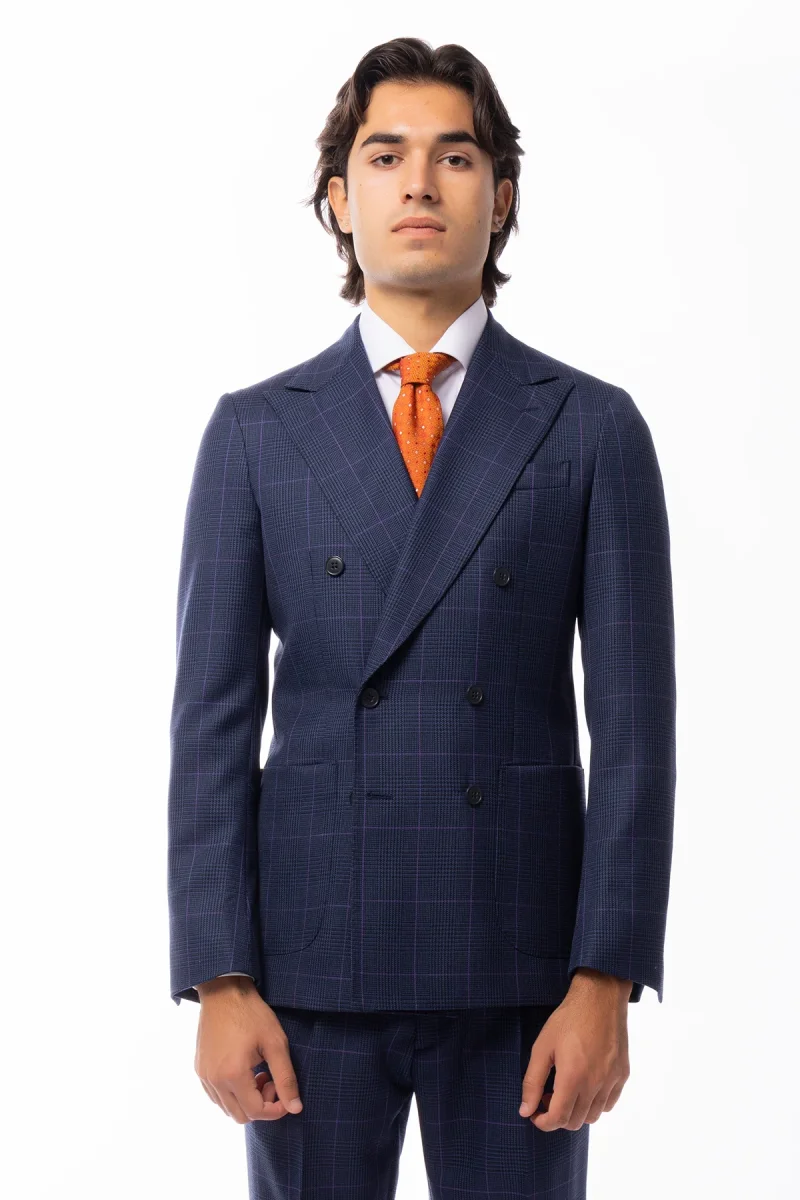 Abito uomo doppio petto blu fantasia principe galles pura lana Holland & Sherry Rever a lancia e tasche a toppe - immagine 3