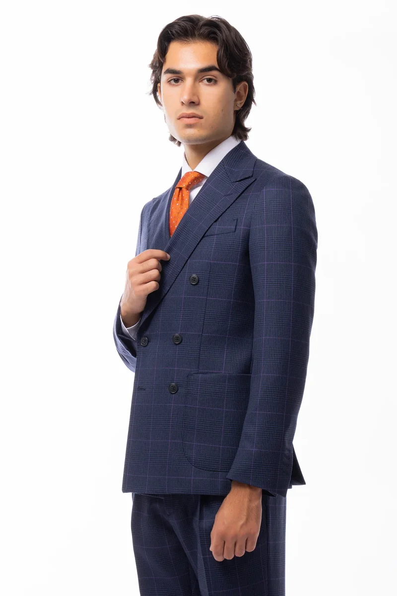 Abito uomo doppio petto blu fantasia principe galles pura lana Holland & Sherry Rever a lancia e tasche a toppe - immagine 7