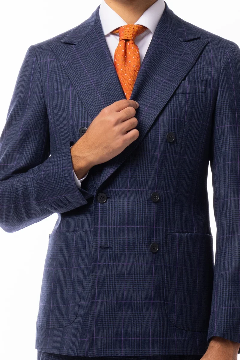 Abito uomo doppio petto blu fantasia principe galles pura lana Holland & Sherry Rever a lancia e tasche a toppe - immagine 8