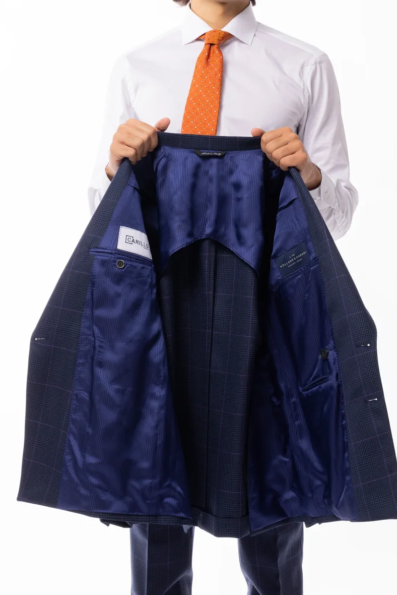 Abito uomo doppio petto blu fantasia principe galles pura lana Holland & Sherry Rever a lancia e tasche a toppe - immagine 4