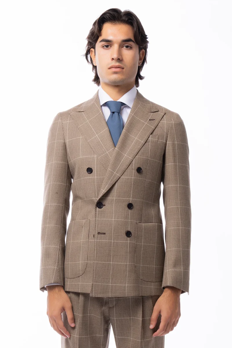 Abito uomo doppiopetto beige fantasia principe di galles in pura lana Holland & Sherry Rever a lancia e tasche a toppe - immagine 2