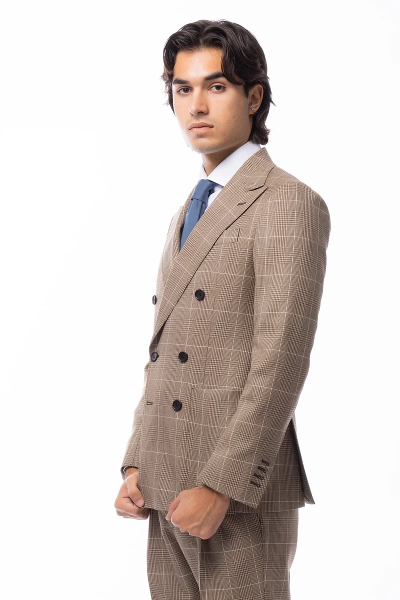 Abito uomo doppiopetto beige fantasia principe di galles in pura lana Holland & Sherry Rever a lancia e tasche a toppe - immagine 4