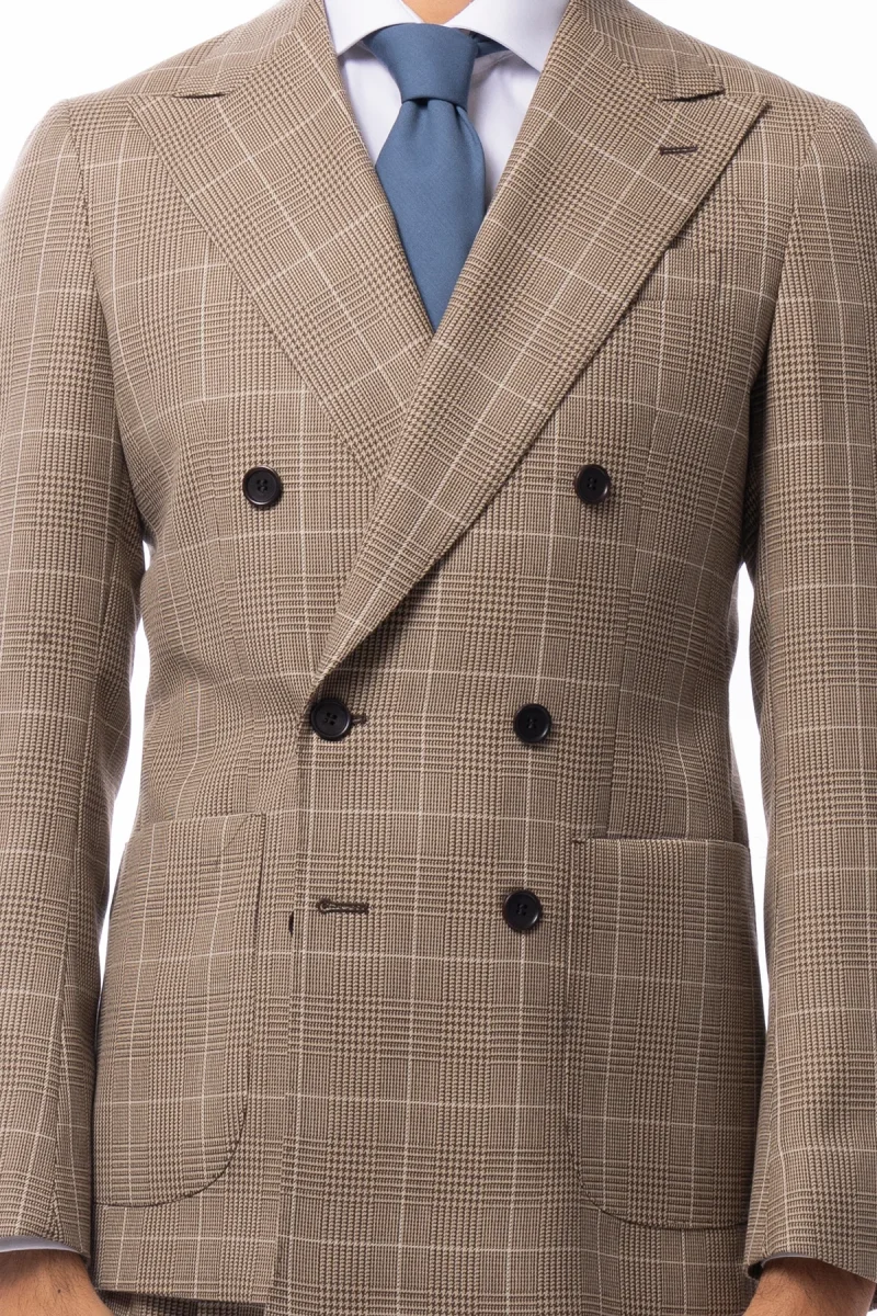 Abito uomo doppiopetto beige fantasia principe di galles in pura lana Holland & Sherry Rever a lancia e tasche a toppe - immagine 6