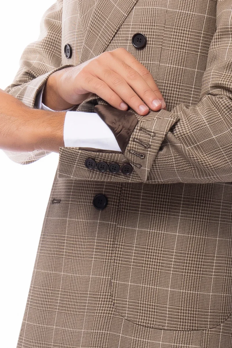 Abito uomo doppiopetto beige fantasia principe di galles in pura lana Holland & Sherry Rever a lancia e tasche a toppe - immagine 7