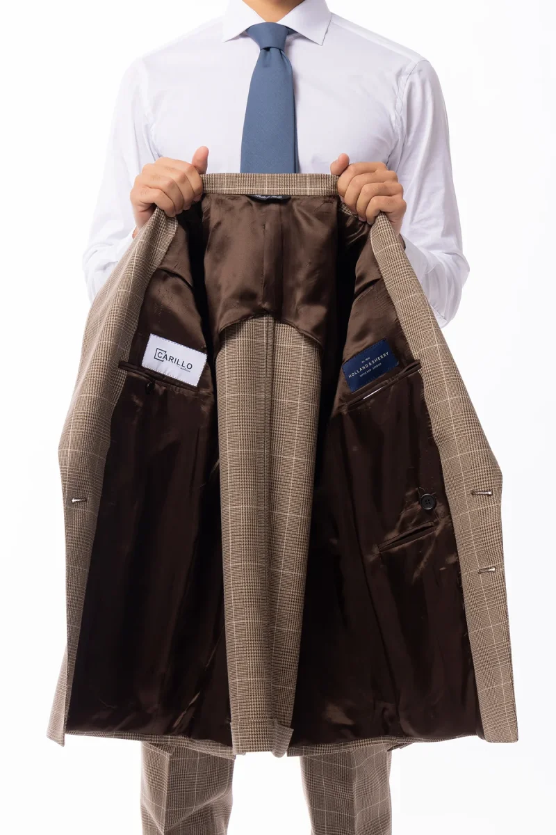 Abito uomo doppiopetto beige fantasia principe di galles in pura lana Holland & Sherry Rever a lancia e tasche a toppe - immagine 8