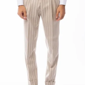 Pantalone uomo beige gessato nero vita alta in lana Holland & Sherry doppia pinces fibbie laterali risvolto 5cm .