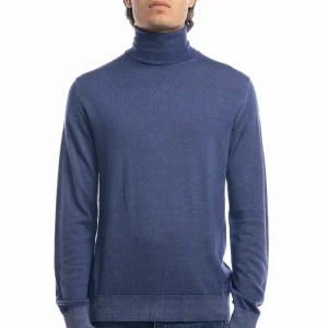 Maglione da uomo collo alto color denim blu in lana merinos 100% maniche lunghe effetto stone wash
