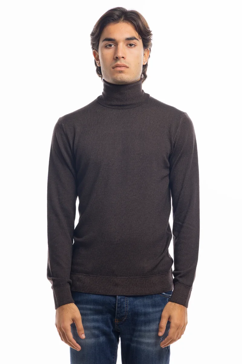 Maglione da uomo collo alto Marrone in lana merinos 100% maniche lunghe effetto stone wash