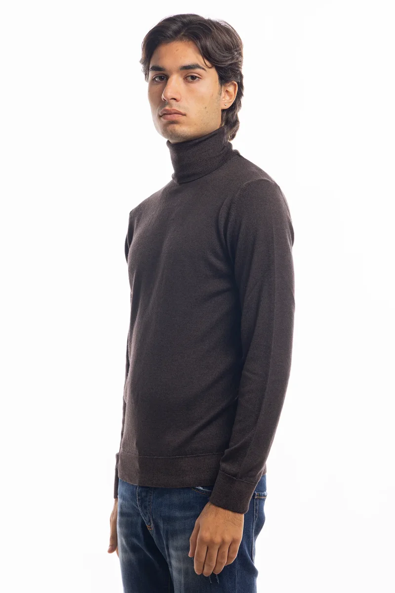 Maglione da uomo collo alto Marrone in lana merinos 100% maniche lunghe effetto stone wash - immagine 3