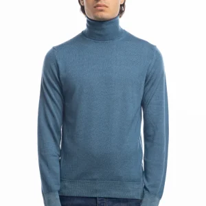 Maglione da uomo collo alto color petrolio in lana merinos 100% maniche lunghe effetto stone wash