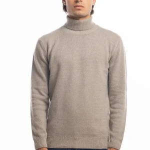 Maglione da uomo collo alto beige in lana maniche lunghe