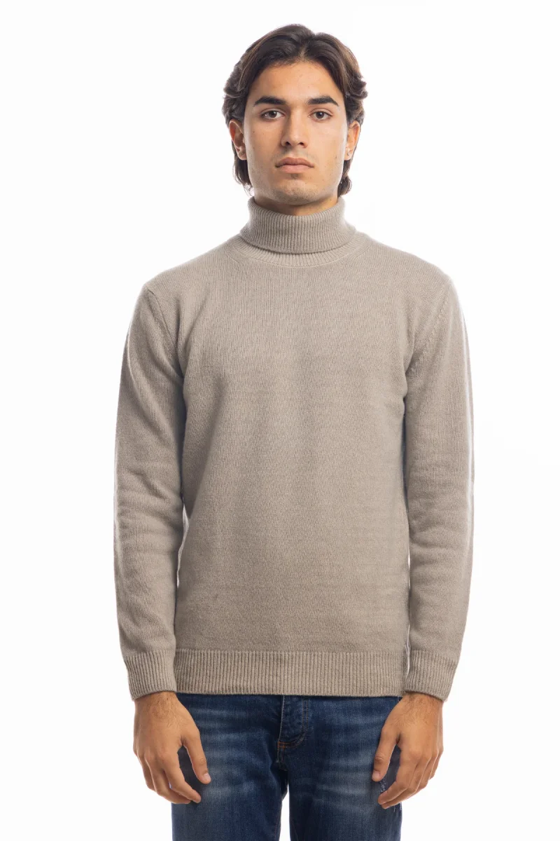 Maglione da uomo collo alto beige in lana maniche lunghe