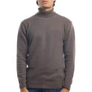 Maglione da uomo collo alto marrone in lana maniche lunghe