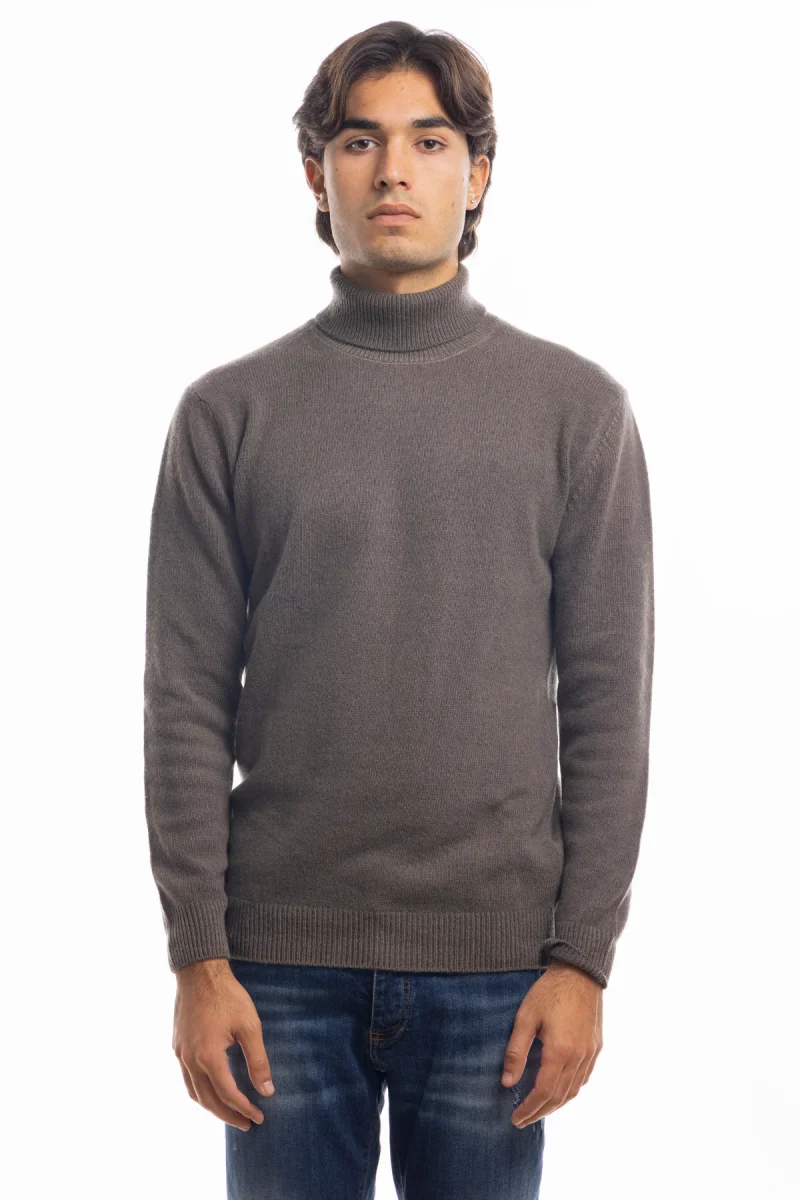 Maglione da uomo collo alto marrone in lana maniche lunghe - immagine 2