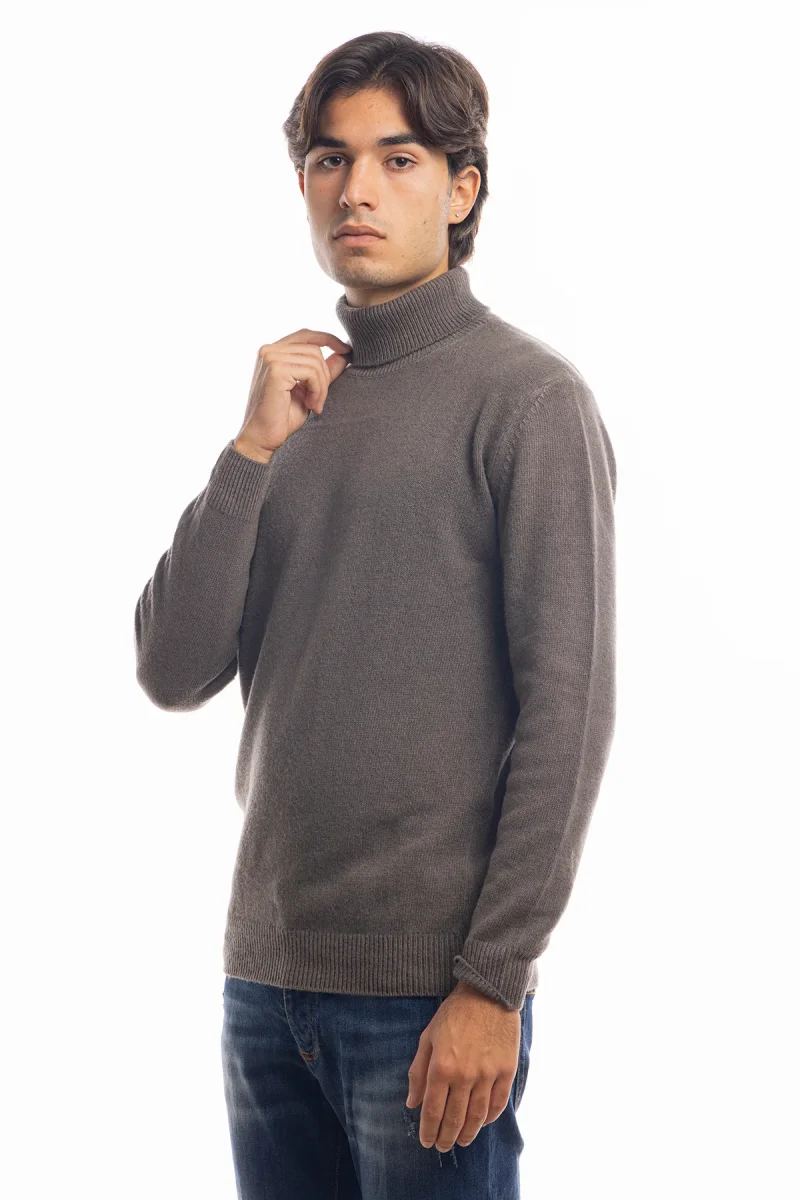 Maglione da uomo collo alto marrone in lana maniche lunghe - immagine 3