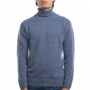 Maglione da uomo collo alto blu in lana maniche lunghe