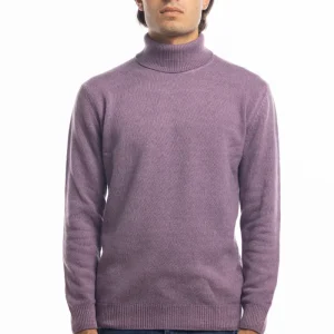 Maglione da uomo collo alto viola in lana maniche lunghe