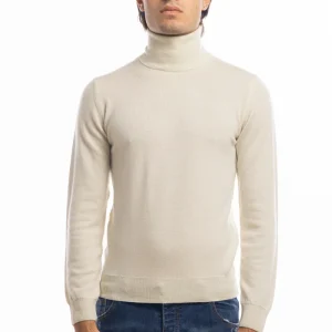 Maglione da uomo collo alto panna in lana merinos 100% effetto stone wash maniche lunghe