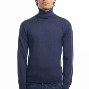 Maglione da uomo collo alto blu in lana merinos 100% effetto stone wash maniche lunghe
