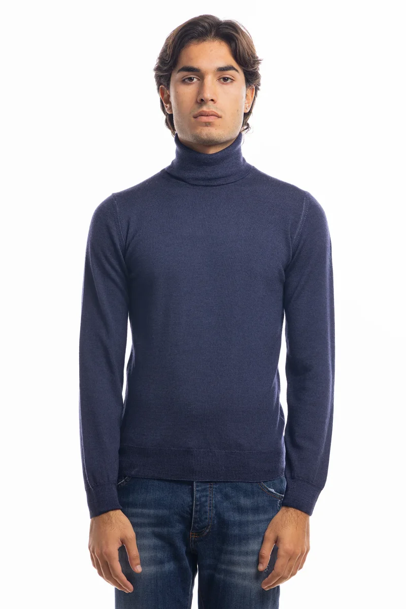 Maglione da uomo collo alto blu in lana merinos 100% effetto stone wash maniche lunghe - immagine 2