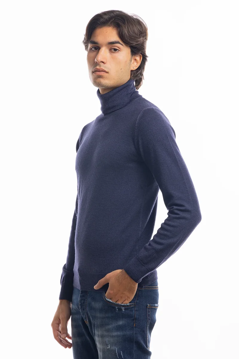Maglione da uomo collo alto blu in lana merinos 100% effetto stone wash maniche lunghe - immagine 3