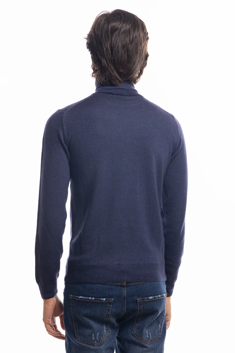 Maglione da uomo collo alto blu in lana merinos 100% effetto stone wash maniche lunghe - immagine 4